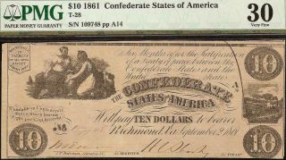 1861 $10 Dollar Bill Confederate States Currency Civil War Note Money T28 Pmg 30