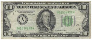$100 1934 Federal Reserve Note Boston Ma Fr 2152a - A - Aa Block