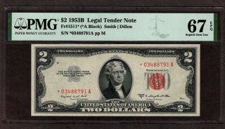 1953 B $2 Legal Tender Note Star,  Pmg 67 Epq,