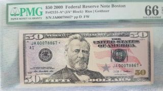 Gem Uncirculated 2009 $50 Boston Star Note.  Pmg 66epq 640k Print
