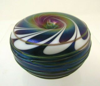Terry Crider Paperweight Blue Iridescent Carnival Pulled Feather Threaded Signed