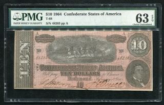 T - 68 1864 $10 Csa Confederate States Of America Currency Note Pmg Unc - 63epq (c)