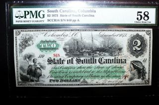 1873 $2 State Of South Carolina Columbia,  Sc Pen Cancelled Pmg 58 Obsolete