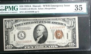 Fr 2303 1934 - A $10 Hawaii Wwii Emergency Note Lb Block Pmg 35 Ch Very Fine