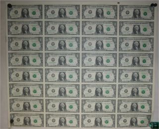 Uncut Sheet Of 32 - $1 One Dollar Bills - U.  S.  Paper Currency Notes Series 2003k