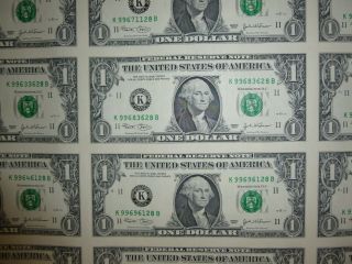 UNCUT SHEET OF 32 - $1 ONE DOLLAR BILLS - U.  S.  PAPER CURRENCY NOTES SERIES 2003K 2