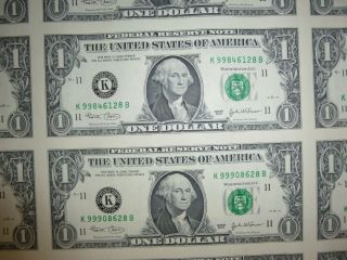 UNCUT SHEET OF 32 - $1 ONE DOLLAR BILLS - U.  S.  PAPER CURRENCY NOTES SERIES 2003K 3