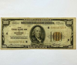 1929 The Federal Reserve Bank Of Richmond,  100$ Bill.  Nr.