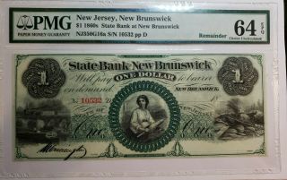 1860s $1 Jersey,  Brunswick State Bank Note - Very Fine.  Pmg - 64 Top Pop