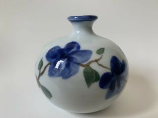 Miniature Hand Painted Pottery Vase White Under - Glaze With Blue Flowers