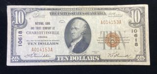 1929 $10 National Bank Trust Paper Currency Charlottesville Virginia Brown Seal