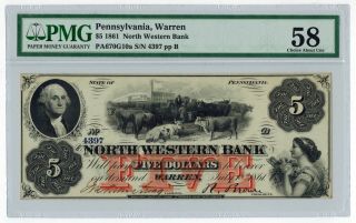 1861 Warren,  Pa - - The North Western Bank $5 Obsolete Currency Pmg Au58
