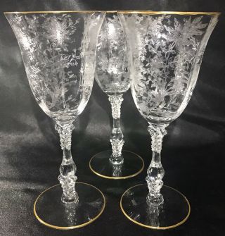 Set Of (3) Cambridge Etched Wildflower 8 1/4 " Gold 3121 Water Goblets / Glasses