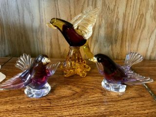 Vintage Murano Art Glass Set Of Three Birds Gold Flecks