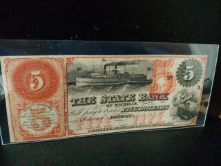 1860s $5 State Bank Detroit Michigan Au Great Color