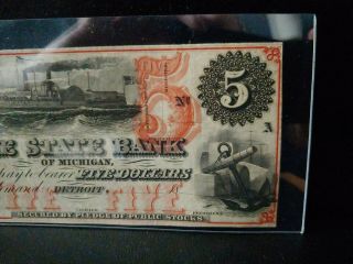 1860s $5 State Bank Detroit Michigan AU Great Color 3