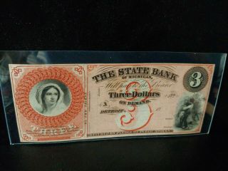 1860s $3 State Bank Detroit Michigan Au Good Color