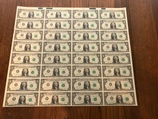 1981 Series $1 One Dollar Bill Us Currency Sheet 32 Notes Uncut Uncirculated