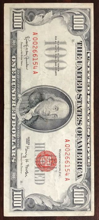 1966 $100 Dollar Bill United States Tender Red Seal Note S/h