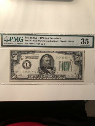 1928 A $50 Note Frn San Francisco Fr.  2101 Ldgs Dark Green La Block Pmg Vf 35