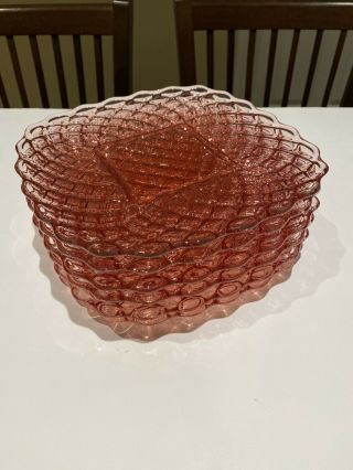 Handmade L.  E.  Smith Set Of 6 Pink Trellis Glass Square 9 " Plates U.  S.  A