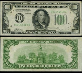 Fr.  2152 D $100 1934 Federal Reserve Note Non - Mule Cleveland Dgs Choice Au,