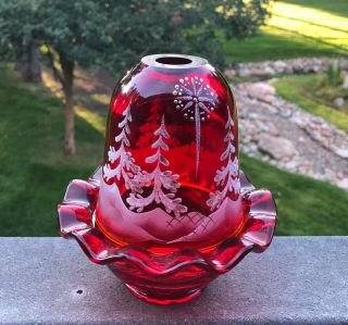 Fenton Hand - Painted Red Fairy Lamp With Ruffled Rim Artist Signed