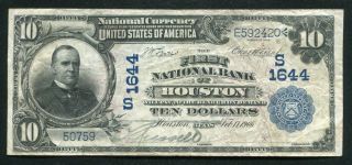 1902 $10 Db The First National Bank Of Houston,  Tx National Currency Ch.  1644