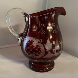 Bohemia Czech Republic Ruby Red Cut To Clear Crystal Glass Pitcher