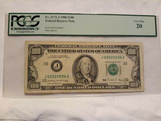 1988 $100 Kansas City 100 Dollar Bill Pcgs Graded 20 Very Fine
