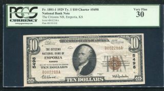 1929 $10 The Citizens National Bank Of Emporia,  Ks Ch.  5498 Pcgs Very Fine - 30