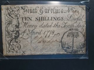 1778 South Carolina Ten Shilling Note.