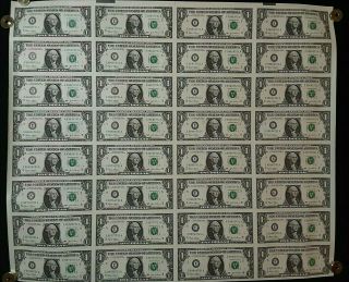 Uncut Sheet Of 32 - $1 One Dollar Bills - U.  S.  Paper Currency Notes Series 2003e