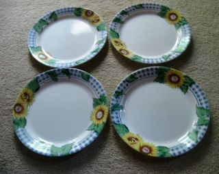 Corelle Sunsations Dinner Plates 10 1/4 Inch Sunflowers Blue Plaid Set Of 4
