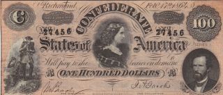 100 Dollars Extra Fine Banknote From Confederate States Of America 1864