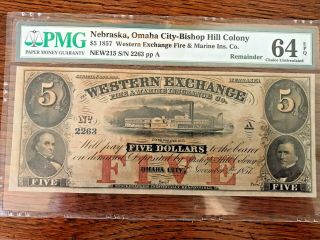 1857 $5 Western Exchange Omaha Bishop Nebraska Obsolete Pmg 64 Epq Choice Unc