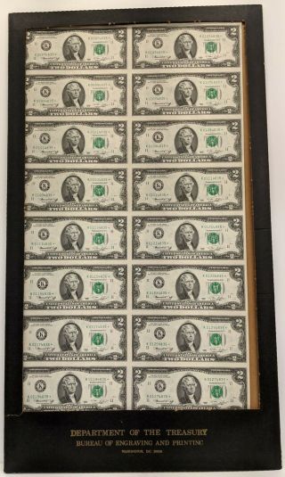 Series 1976 Uncut Sheet Of 16 Two Dollar $2 Uncirculated Us Currency Bills