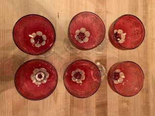 Set 6 Ornate Vintage Red Wine Glasses With Gold Trim Design.