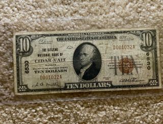 1929 10 Dollar Bill National Bank Of Cedar Vale / Kanses (5630) Brown Seal