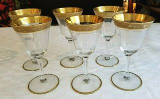 6 Vintage Tiffin Franciscan Minton Claret Wine Glasses Optic,  Encrust Gold Rim