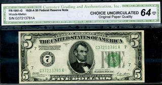 1928 - A $5 Frn ( (chicago))  Choice - Uncirculated Fr - 1951 - G G37213781a.
