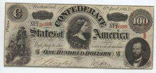 1863 Confederate States $100 Bill Cs - 56 [y5649]