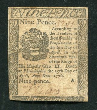Pa - 200 April 25,  1776 9p Nine Pence Pennsylvania Colonial Currency Note