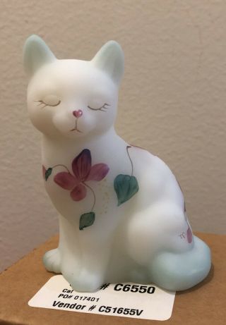 Fenton Hand Painted Cat,  Artist Signed,  White With Pink Flowers,