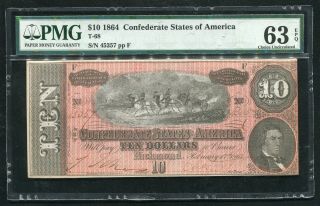 T - 68 1864 $10 Csa Confederate States Of America Currency Note Pmg Unc - 63epq (b)