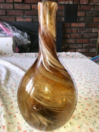 Vtg Hand Blown Art Glass Swirl Amber Brown & White Slag Bulbous Vase 14 " X 6.  5 "