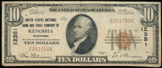 1929 $10 National Currency U.  S.  Nat.  Bank & Trust Co. ,  Kenosha,  Wi Ch.  12351