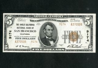 Us Paper Money 1929 $5 National Anglo Bank San Francisco Ca Charter 9174