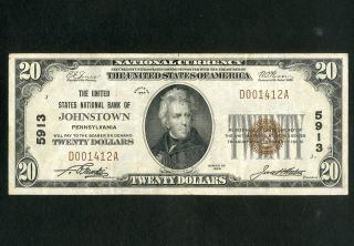 Us Paper Money 1929 $20 National Johnstown Pa Charter 5913
