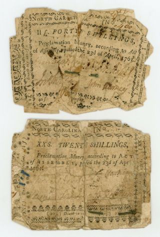 (pair) April 23,  1761 20 & 40 Shillings North Carolina Colonial Currency Notes